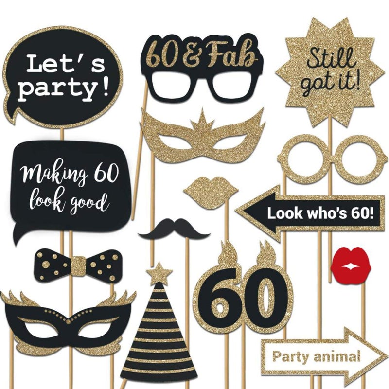 Perfect Occasion Fully Assembled 60th Birthday Photo Booth Props - Set of 30 - Black & Gold Selfie Signs - 60th Party Supplies & Decorations - Cute Bday Designs with Real Glitter - Did We Mention No DIY - Image 1